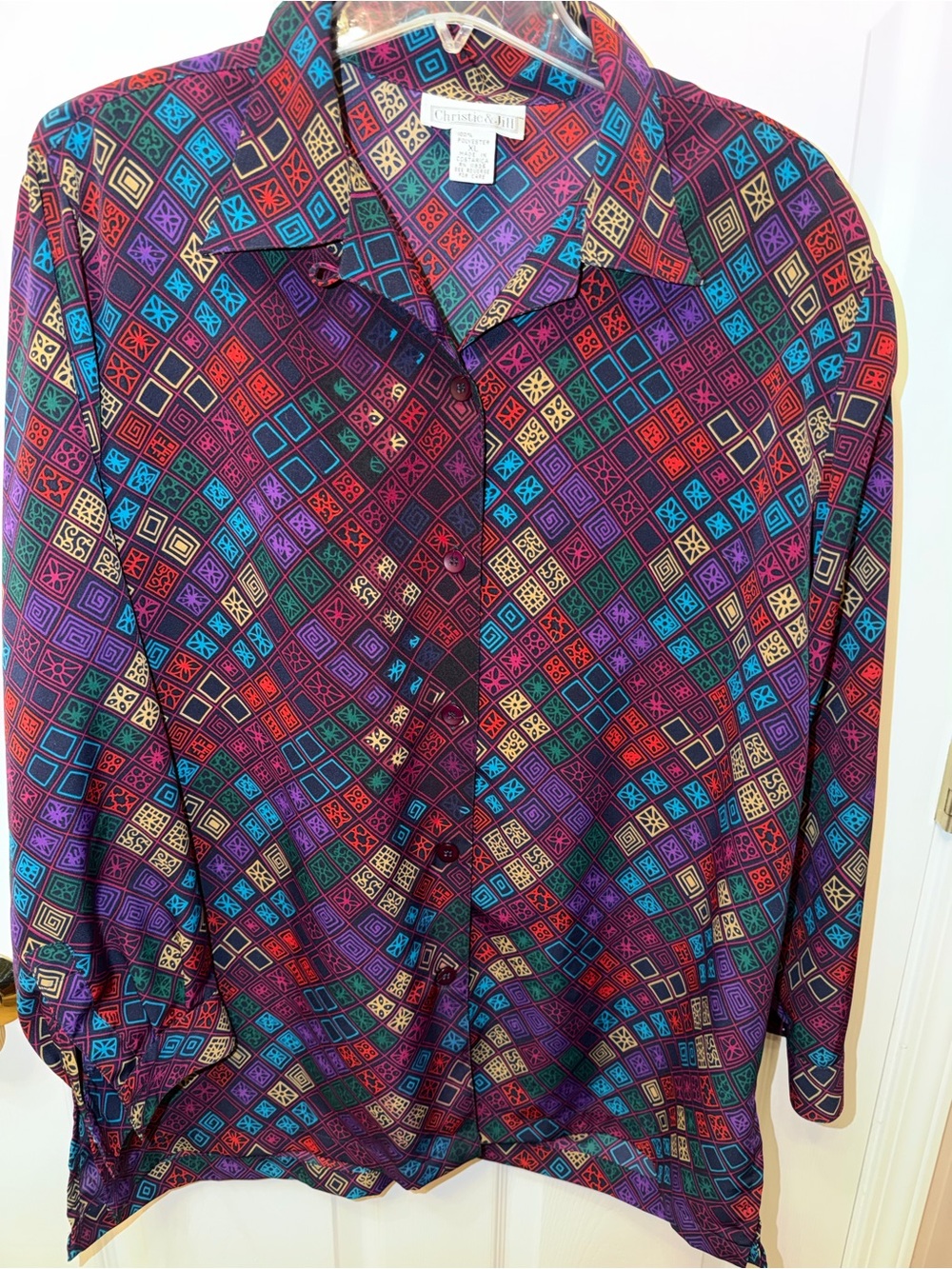 Vintage Multicolor Geometric Button-Down Blouse Size XL